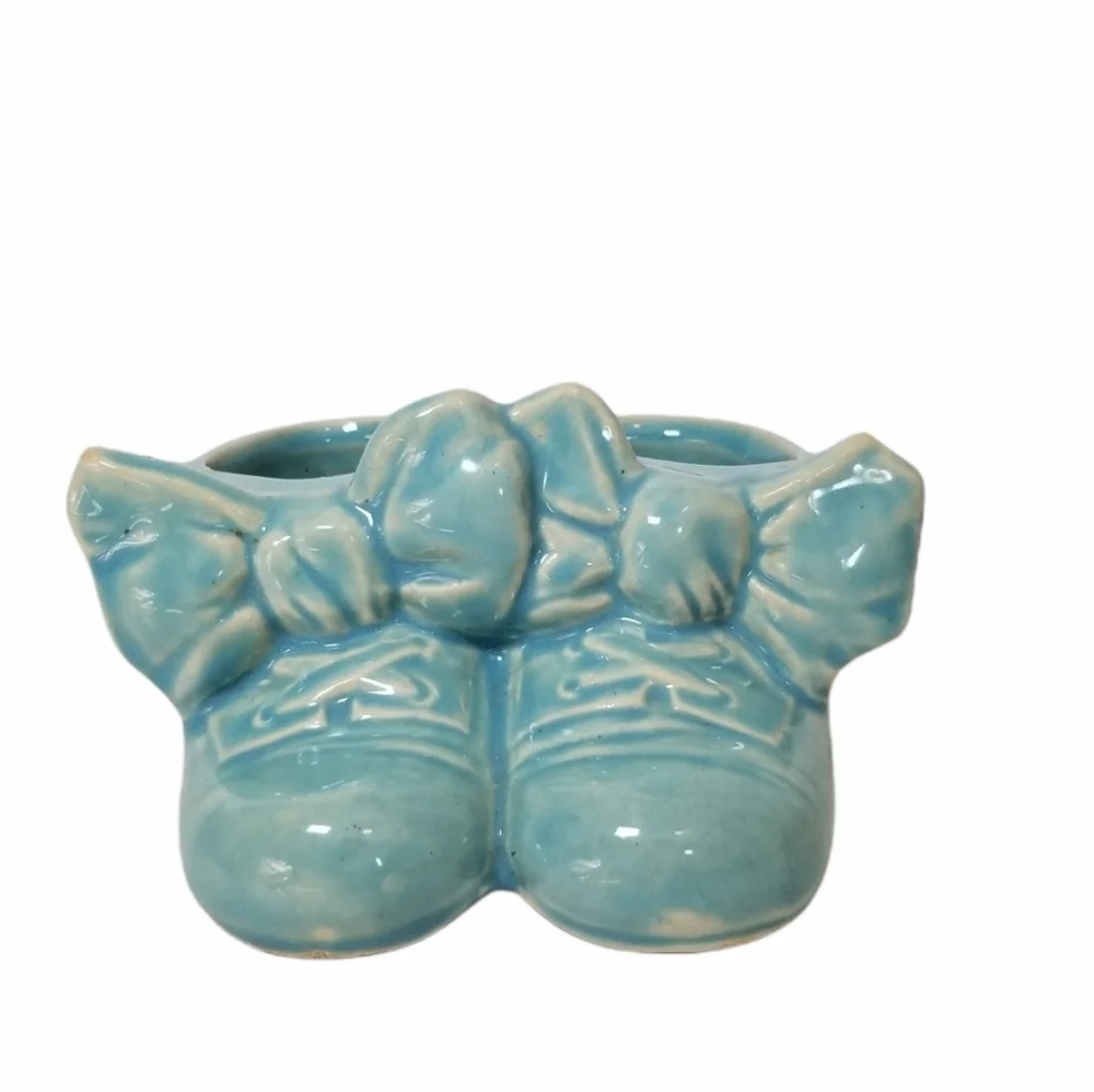 Vintage Mccoy blue glazed finish ceramic baby shoe boot planter